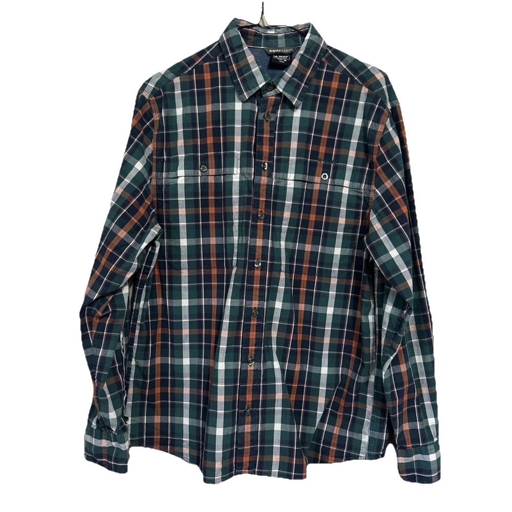 K-Way Shirt Men's M Plaid Long Sleeve Button Down Vented Embroidered Spell Out‎